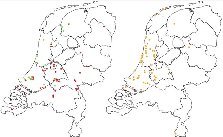 Resultaten argusvlindertelweekend: links: onderzochte kilometerhokken, groen: argusvlinder aangetroffen, rood: argusvlinder niet gezien. Rechts de losse waarnemingen uit het weekend