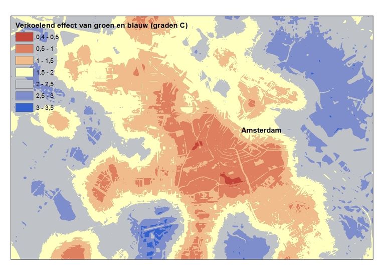 Verkoelend effect van groen en blauw in °Celsius