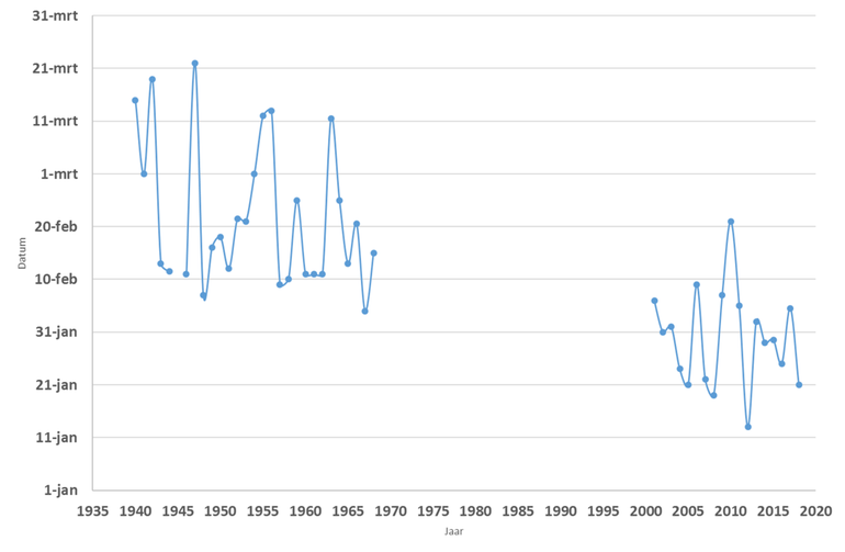 Figuur 2: Mediaan van waarnemingen eerste bloei sneeuwklokje in de periodes 1940 tot en met 1968 en 2001 tot en met 2018