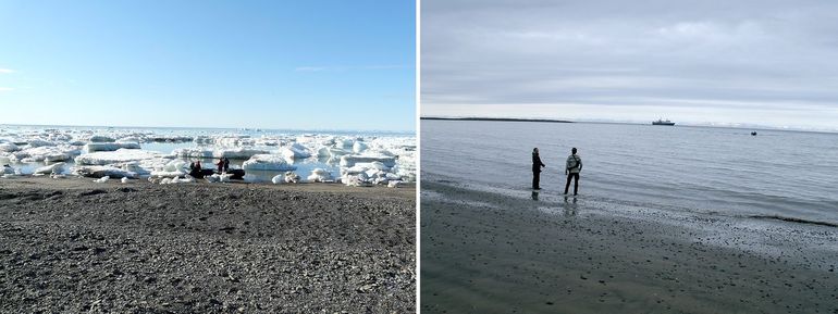 De opvallende afwezigheid van zee-ijs tijdens SEES 2022. De foto's van de zee voor de kust van Rosenbergdalen, Edgeøya, in 2015 (links) en 2022 (rechts) laten het grote verschil in ijsgang tussen beide jaren goed zien