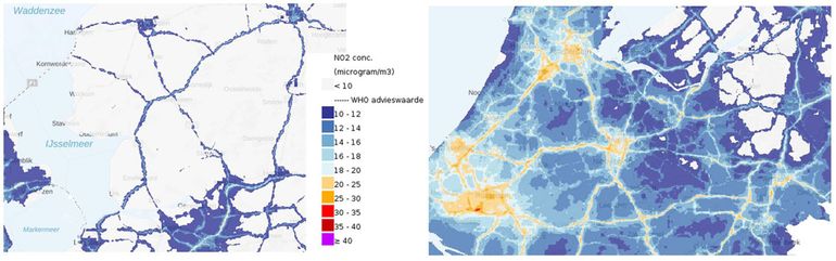 Links: noordelijke provincies op kaart Stikstofdioxide 2020; rechts: grote steden Rotterdam, Den Haag, Amsterdam en Utrecht op kaart Stikstofdioxide 2020