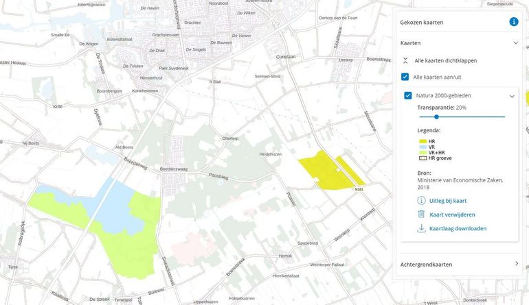 Het Natura 2000-gebied langs beekdalrivier het Koningsdiep ten zuidoosten van Drachten op de kaart Natura 2000-gebieden