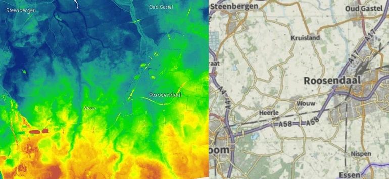 Hoogtekaart en topografische kaart van omgeving Roosendaal-Steenbergen