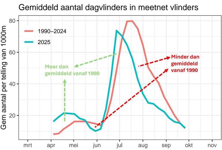 Gemiddelde aantal vlinders in een monitoringroute van een kilometer lengte in 2025 (groenblauwe lijn) en in de periode 1990 tot en met 2024 (rode lijn)