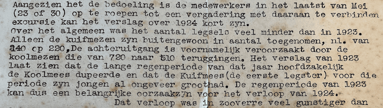 Fragment van de brief aan de mensen die hielpen met het nestkastonderzoek van de Plantenziektenkundige Dienst. Deze bevat de eerste uitnodiging voor een bijeenkomst van burgerwetenschappers, in 1925. Precies honderd jaar later kwamen de huidige nestkastonderzoekers samen bij het NIOO