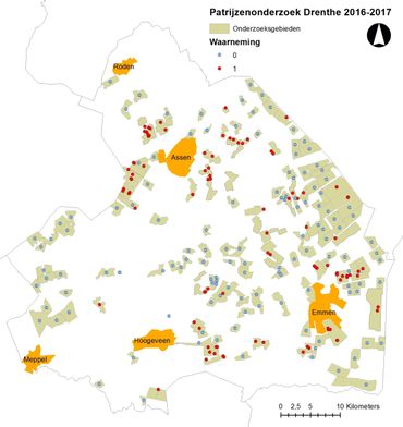 Waarnemingen van patrijzen in Drenthe in 2016-2017