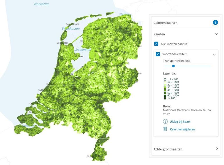 De kaart Soortendiversiteit toont de geschatte soortendiversiteit van vaatplanten, amfibieën, reptielen, vissen, dagvlinders, libellen en vogels per vierkante kilometer