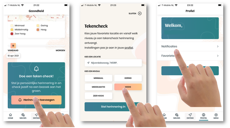 Stappen die je moet doorlopen om een herinnering voor een tekencheck in te stellen in de Teken-alert in de Nature Today App of op NatureToday.nl