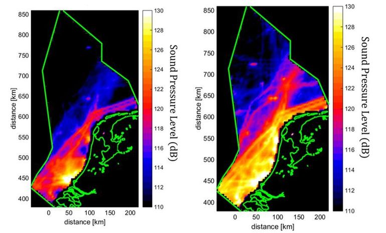 Geluid onder water in 1950 (links) en 2010 (rechts) 