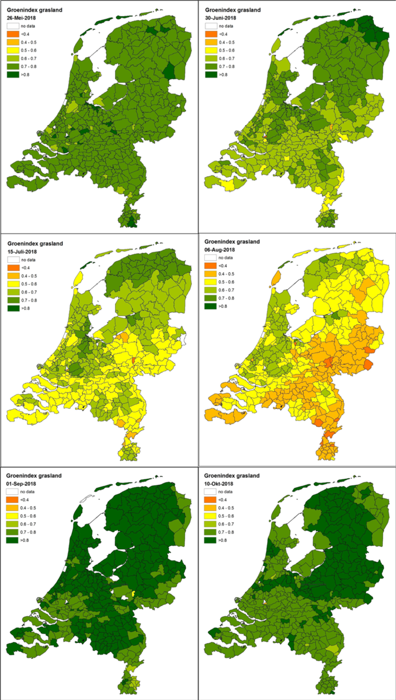 De groenindex van grasland per gemeente op 26 mei, 30 juni, 15 juli, 6 augustus, 1 september en 10 oktober 2018