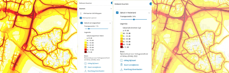 Op de Atlas-kaarten Geluid van wegverkeer (links) zie je duidelijk dat de mensen die binnen de Rondweg wonen minder geluidsoverlast hebben door wegverkeer dan inwoners van de omliggende steden Nieuwegein (links) en Utrecht (boven). Op de kaart Geluid in Nederland (rechts) zie je hetzelfde beeld: alleen de spoorlijn en de Rondweg lichten rood op