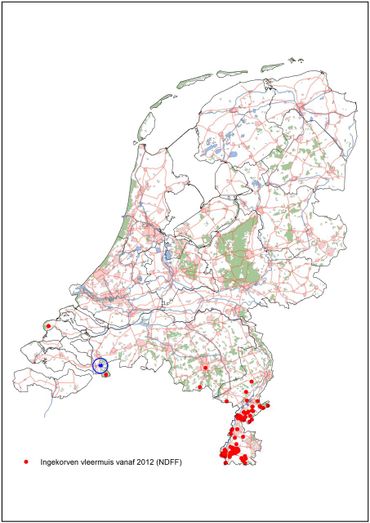 Overzichtskaart van waarnemingen die bekend zijn bij NDFF vanaf 2012. De blauwe cirkel geeft de omgeving van Woensdrecht weer