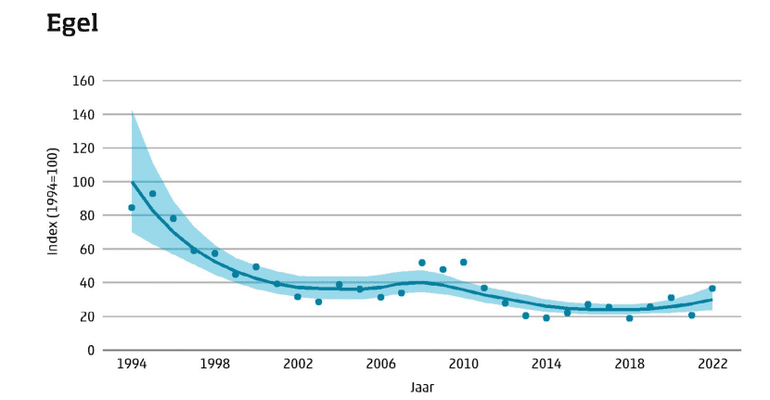 Indexen (stippen) en trend (lijn) van de aantalsontwikkeling van de egel in Nederland in de periode 1994 tot en met 2022. Daarnaast is het 95-procent-betrouwbaarheidsinterval van de trendlijn weergegeven (blauwe band)