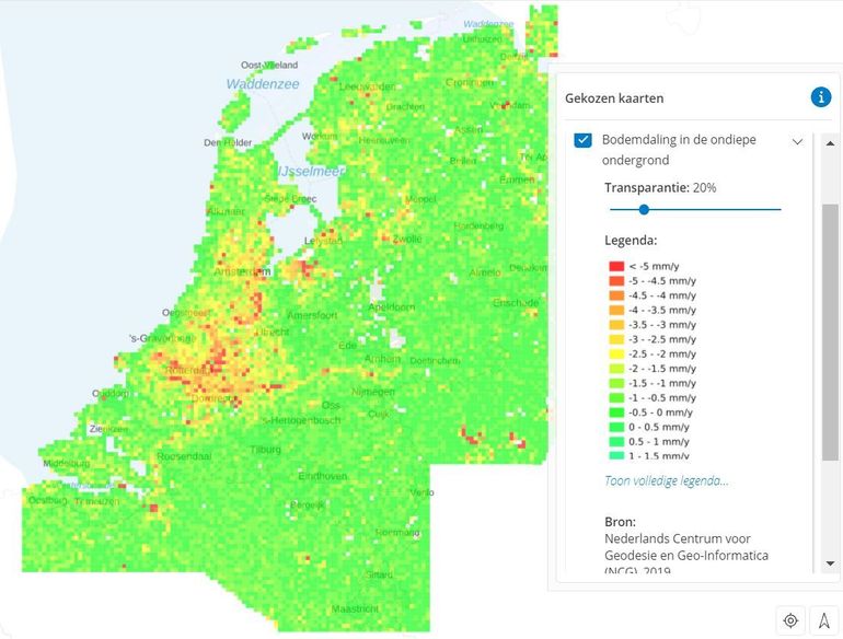 Kaart Bodemdaling in ondiepe ondergrond 