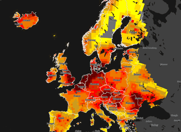 Relatieve kans op de introductie van vogelgriep in Europa in de week van 5 t/m 11 februari. Hoe roder een gebied gekleurd is, hoe hoger de kans