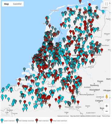 Alle meldingen van mate muggenoverlast in 2021 tot en met 10 juli