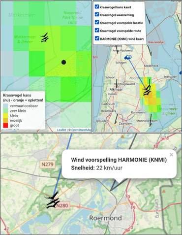 Enkele screenshots van de vernieuwde radar. De blauwe verrekijker geeft aan waar de kraanvogels voor het laatst zijn gezien (via Waarneming.nl). Vervolgens geeft het zwarte kraanvogelicoontje de huidige voorspelde locatie aan van deze groep. De blauwe lijn illustreert de voorspelde route