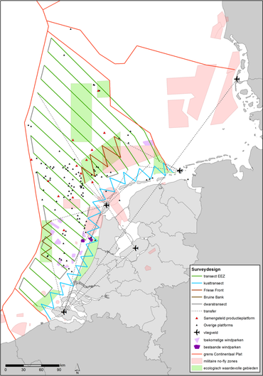 Ligging van de monitoringsroutes op het Nederlands Continentaal Plat (groen), Bruine Bank (bruin), Friese Front (lichtbruin) en in de kustzone (blauw)