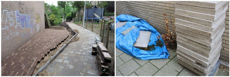 Werkzaamheden in een draaigatjeskolonie aan een tuin en bestrating, waarbij onder andere grond is verzet en planten zijn afgevoerd