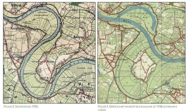 De Maas bij Keent rond 1900 en in 1955. Na de watersnood van 1926 werden tussen Grave en Blauwe Sluis grote rivierbochten afgesneden om hoogwater sneller af te voeren. Bij Keent is goed te zien hoe sterk de loop van de Maas daardoor veranderde