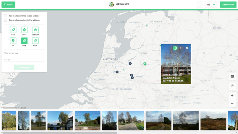 Screenshot van GrowApp.today op 28 maart 2017. In de Filterbox linksboven in het scherm is de berk geselecteerd. Vervolgens worden alle fotolocaties waar in de omschrijving bij de foto #birch is toegevoegd, weergegeven. Door op een fotolocatie in de kaart te klikken, wordt de foto of timelapsevideo getoond. Door op [ ] te klikken rechtsboven in de getoonde foto, wordt de foto beeldvullend getoond. In de fotobalk wordt een selectie weergegeven van de foto’s waarvan de punt in de kaart te zien is