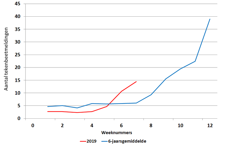 Wekelijks aantal tekenbeetmeldingen via Tekenradar.nl in 2019 (rode lijn) en het gemiddelde over de afgelopen zes jaar (blauwe lijn)