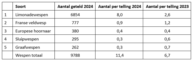 Deze tabel geeft de top vijf meest getelde wespen weer in de wespentelling van 2024. Ook geeft de tabel de totale aantallen wespen en een vergelijking met 2023