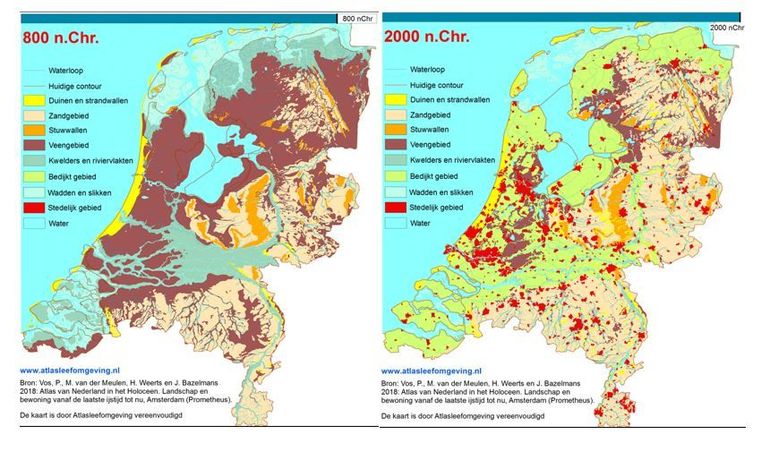 Zo zie je op de kaart 800 na Christus dat door de grootschalige Romeinse veenontginningen veengebieden overstroomden en in Noord-Nederland grote zee-inbraken plaatsvonden. 1200 jaar later zijn we meer bedreven in het beheersen van het water. Nadat in 1916 de Zuiderzeedijken bezweken door een krachtige winterstorm ontwierpen we de Zuiderzeewerken. De Zuiderzee werd IJsselmeer en in 1932 legden we Afsluitdijk aan. De nog veel grotere watersnoodramp in 1953 leidde tot het Deltaplan: we gingen dijken verhogen, stormvloedkeringen aanleggen en kustlijnen inkorten.