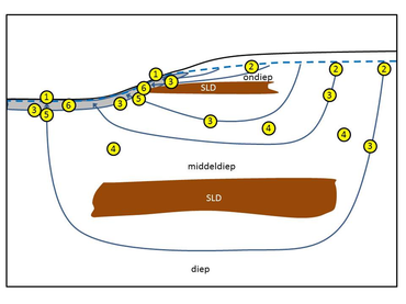 Figuur 1: processen die optreden langs de stroombaan tussen infiltratiegebied en kwelzones in beekdalen. Kwelgebieden in beekdalen (1) worden gevoed met water dat op zekere afstand in de bodem infiltreert (2) en vandaar ondergronds naar het lager gelegen beekdal stroomt (3) en daar omhoog stroomt naar de bodem (5). De samenstelling van kwelwater wordt beïnvloed door een veelheid van processen, zowel in het brongebied (het infiltratiegebied), langs de stroombaan van het grondwater, als in de kwelzone. Afhankelijk van de eigenschappen van de ondergrond (4) en de bodem (6) van de kwelzone kan de chemische samenstelling van het kwelwater door geochemische processen van het infiltrerend water. Het landgebruik in infiltratiegebieden bepaalt de samenstelling van het infiltrerende grondwater, en de hoogteligging en oppervlakte ervan de stroomsnelheid van het grondwater en daarmee de kwelflux. SLD = slecht doorlatende laag (bijvoorbeeld kleipakket)