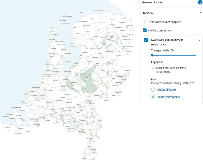 Kaart Kwetsbare gebieden voor natuurbrand 