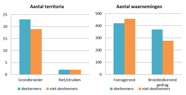 Figuur 3. Links: Aantal territoria van grondbroeders en struweel-/rietvogels. Rechts: aantal waarnemingen van vogels die foerageerden of broedden op dijkvakken van deelnemers en niet-deelnemers
