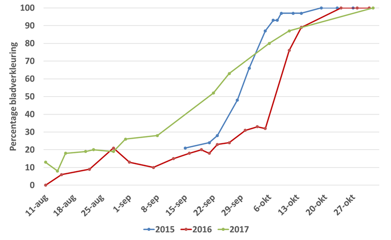 Verloop van de bladverkleuring in de herfst van 2015 tot en met 2017 van de witte paardenkastanje die het dichtst bij het Gaia-gebouw van Wageningen University & Research staat. De rechter boom in de bijgaande fotoserie