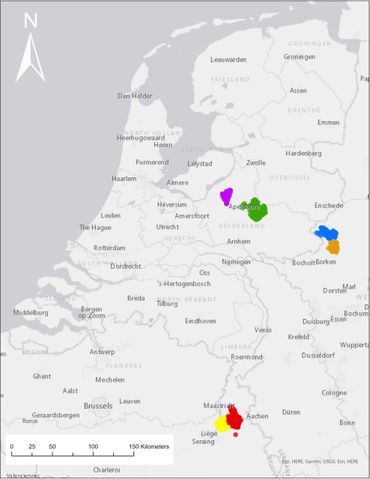 Broedterritoria van in Nederland als nestjong gezenderde rode wouwen in 2023