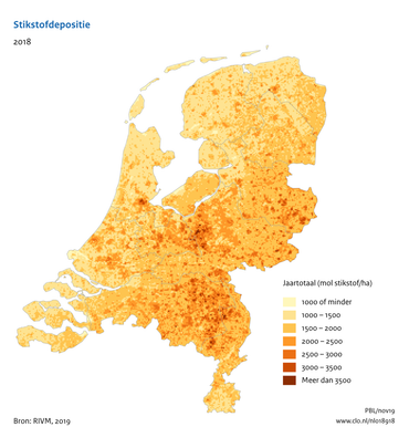 Kaartje stikstofdepositie in Nederland, 2018