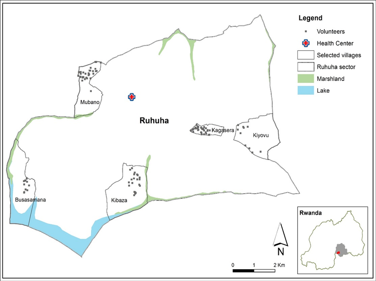 Kaart die de Ruhuha Sector laat zien met de vijf dorpen waarin het citizenscienceprogramma is geïmplementeerd (Busasamana, Kagasera, Kibaza, Kiyovu en Mubano). De roze stipjes staan voor de locatie van de huishoudens (vrijwilligers) van waaruit de obeservaties zijn gerapporteerd