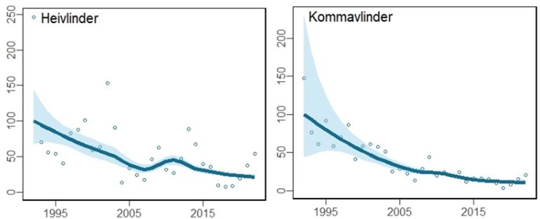Trend van heivlinder en kommavlinder vanaf 1990