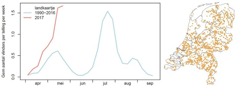 Links in de grafiek het aantal vlinders in de monitoringroutes in 2017 (rood) vergeleken met het gemiddelde vanaf 1990 (blauw). Rechts in de kaart de waarnemingen van het landkaartje in 2017 tot 23 mei