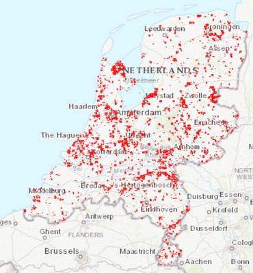 Verspreidingskaart van waarnemingen van mollen(sporen) die bij Waarneming.nl zijn doorgegeven tijdens de Mollentelling van 14 tot en met 16 februari op een 1km-grid