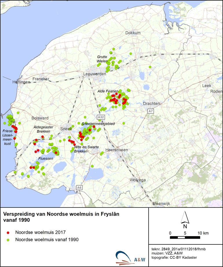 Verspreiding van de Noordse woelmuis in Fryslân op basis van zowel vangst- als braakbaldata vanaf 1990 (groen) en op basis van de eDNA-bemonstering in 2017 (rood)