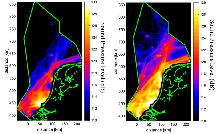 Universiteit Leiden maakte kaarten van geluid onder water in 1950 (links) en 2010 (rechts). Het geluid op de Noordzee neemt toe door meer scheepverkeer. Bruinvissen kunnen minder goed navigeren door harde geluiden