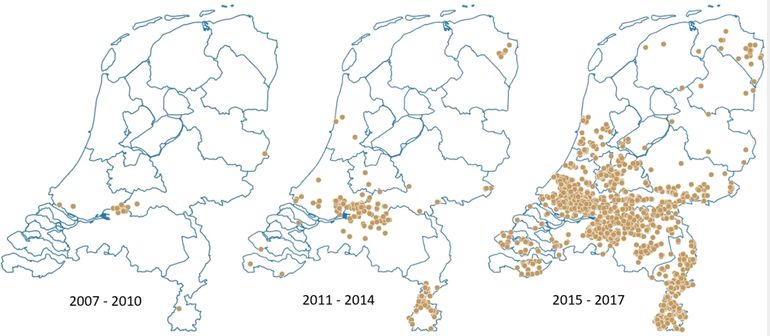 Verspreiding van de buxusmot in Nederland vanaf 2007