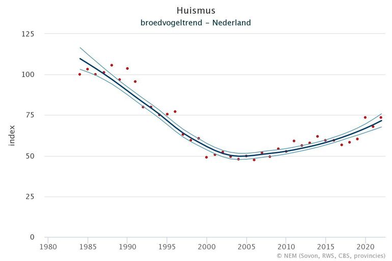 Trend van broedende Huismussen in Nederland (1984-2022) op basis van BMP- en MUS-tellingen