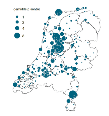 Verspreiding van Pontische meeuwen tijdens de watervogeltellingen in de periode 2019-2023 (gemiddeld aantal niet-broedvogels)