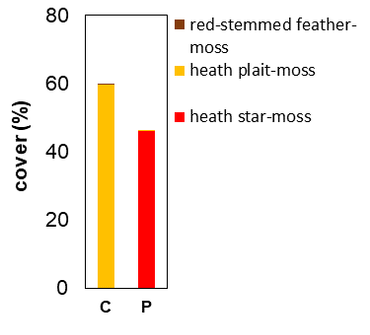 Average proportion of moss species in heathland plots without (C) and with (P) soil stripping. The soil stripping promotes the growth of heath star moss: a nitrogen-loving, invasive moss species