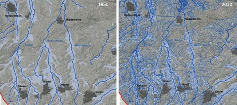 De ontwatering van het Noord-Brabantse landschap bij Hilvarenbeek is vanaf 1850 enorm toegenomen
