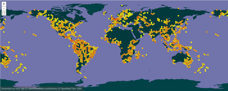 De wereldwijde collectie van Xeno-canto zoals gepresenteerd op GBIF