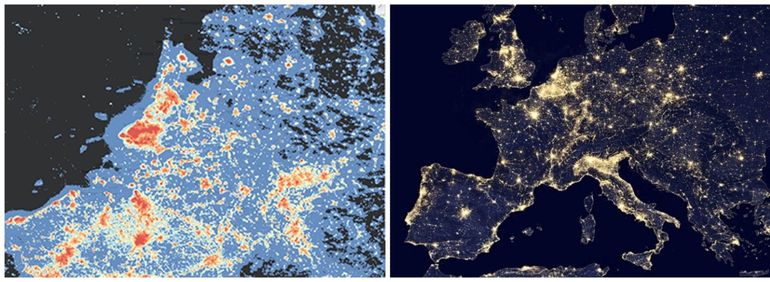 Kaarten lichtemissie in Nederland (Bron: Atlas Leefomgeving) en Europa 