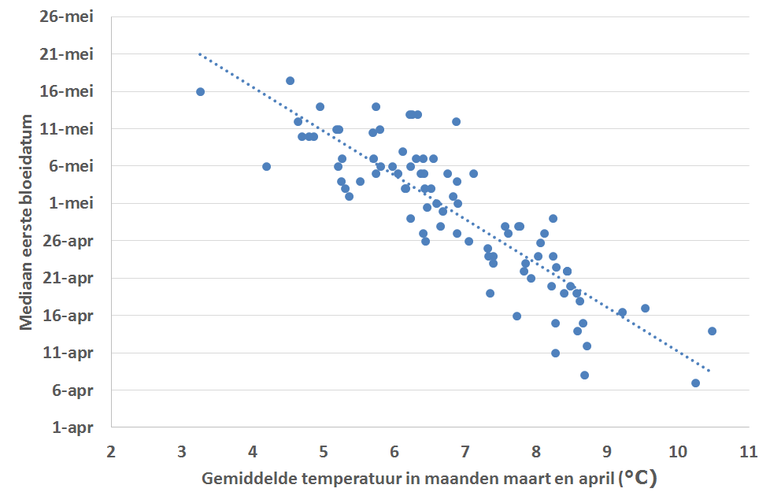 Figuur 4: Relatie tussen de bloeidatum van appel en de gemiddelde temperatuur in de maanden maart en april