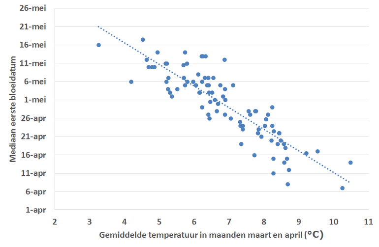 Figuur 4: Relatie tussen de bloeidatum van appel en de gemiddelde temperatuur in de maanden maart en april