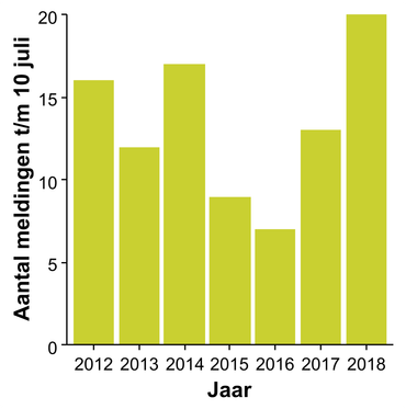 Aantal gemelde waarnemingen van Alsemambrosia van 1 januari t/m 10 juli van het desbetreffende jaar